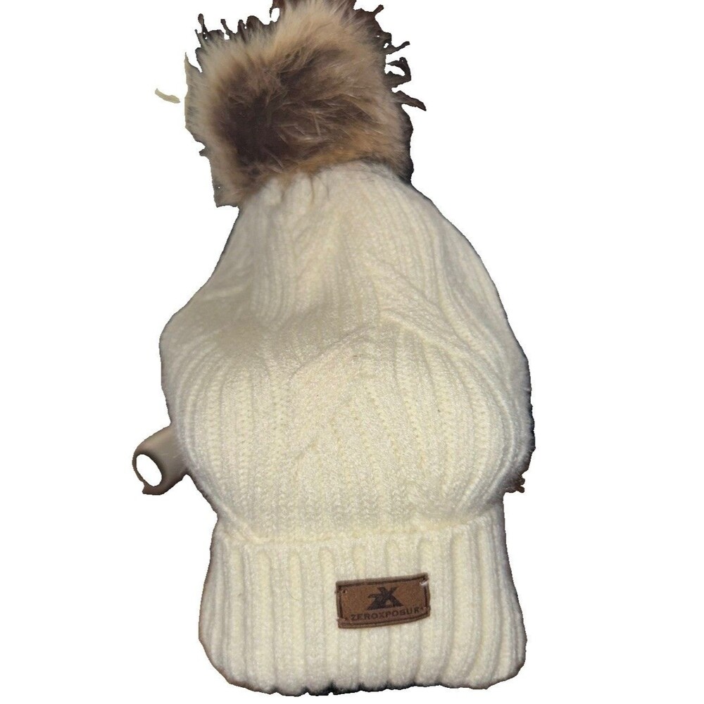 ZeroXposur women's cream knit beanies with a faux fur pom-pom